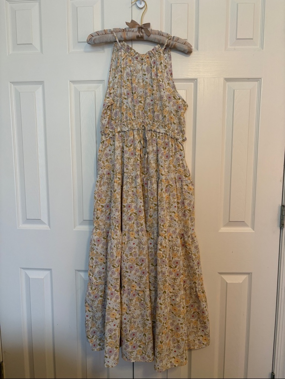Boutique Floral Halter Maxi Dress in Cream, Yellow and Purple.